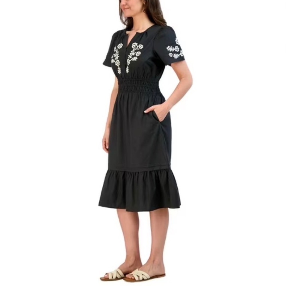 FRENCH CONNECTION Embroidered Midi Dress Size L Puff Sleeve Smocked Ruffle Black - Picture 3 of 15